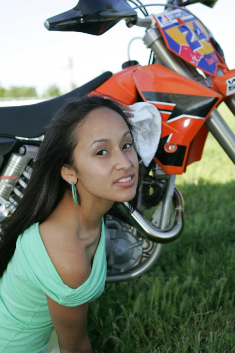 Breathtaking latina Pamy posing for outdoors for a motorcycle magazine - #121323