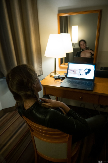 Brunette slut GF girl with small melons Aglona masturbates to porn in a leather catsuit - #206559