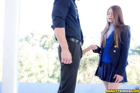 Clothed young slut girlfriend woman Alice March sucks off a penis in her school uniform - #184736