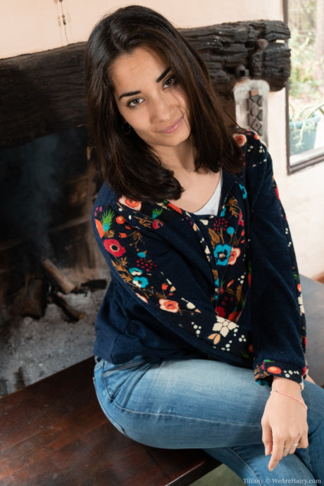 Pretty brunette in denim Tiffany strips to show her irresistibly hairy snatch - #152827