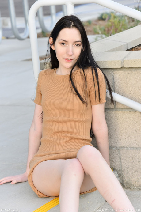 Glamour babe Maia showing her tiny boobies & spreading her trimmed vagina outdoors - #153025