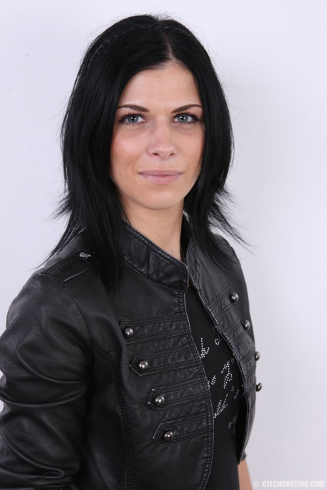 Brunette amateur removes a leather jacket and ebony pants to stand nude - #309193