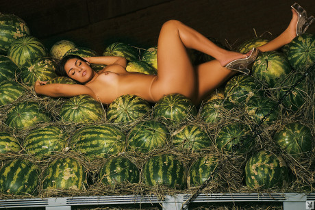 Voluptuous Brazilian Andressa Soares drips melon juice on her humongous juicy boobs - #275092
